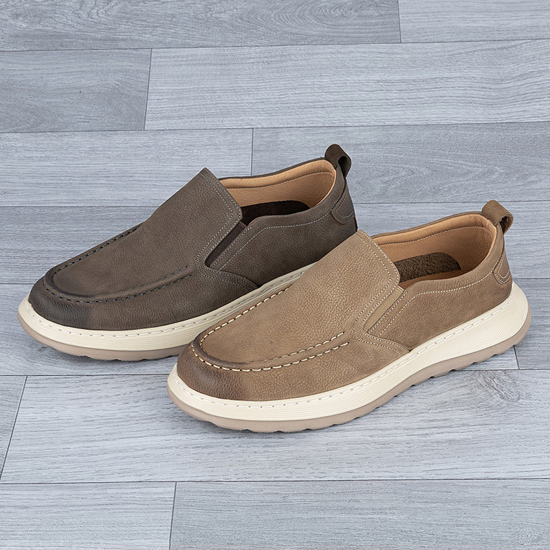 真皮男鞋卡其色复古头层牛皮反毛皮轻便橡胶发泡底缝线耐磨休闲鞋