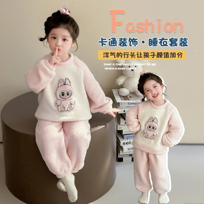 女童圆领秋冬珊瑚绒家居服套装
