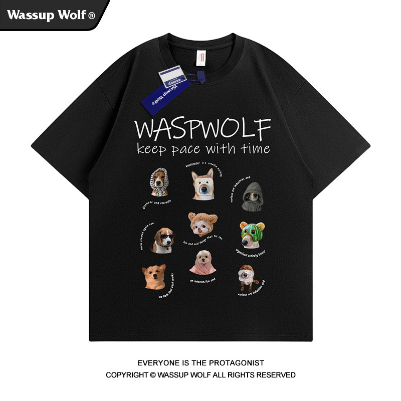 Wassup Wolf趣味小狗印花纯棉短袖T恤男潮牌夏季美式重磅休闲上衣