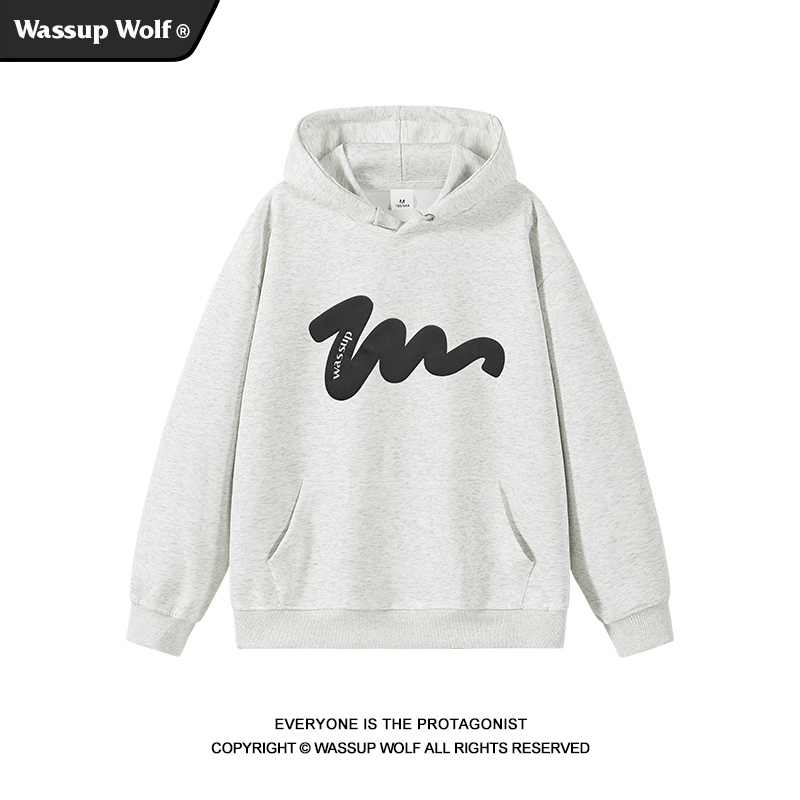 Wassup Wolf连帽卫衣男女潮牌纯棉重磅发泡印花宽松情侣上衣外套
