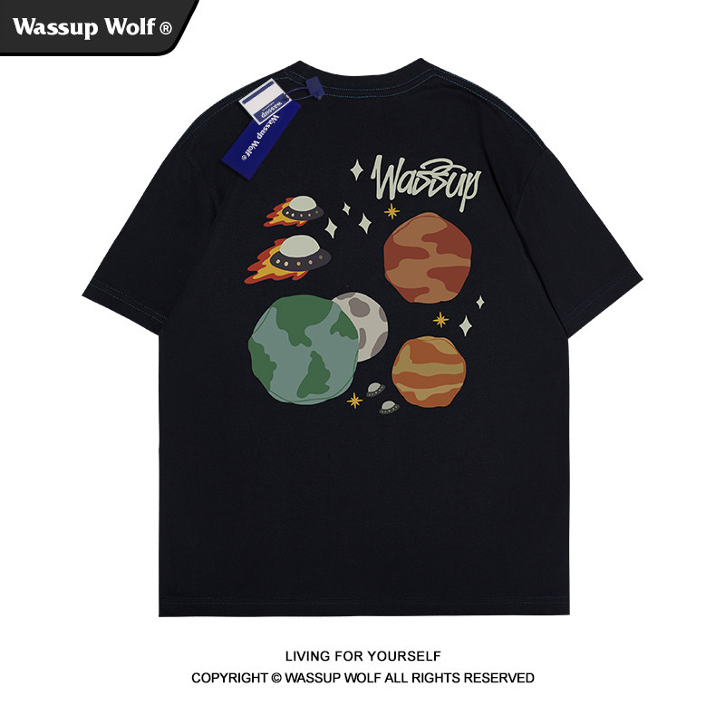 Wassup Wolf美式复古星球涂鸦印花短袖t恤男潮牌小众高街情侣体恤
