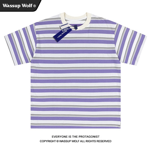 WassupWolf美式条纹短袖t恤男
