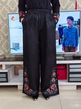 2026新款春秋新中式风重工刺绣阔腿裤女黑色高腰宽松民族风长裤