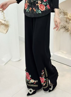 2026春季新款中国风重工刺绣阔腿裤女黑色民族风宽松显瘦裤子
