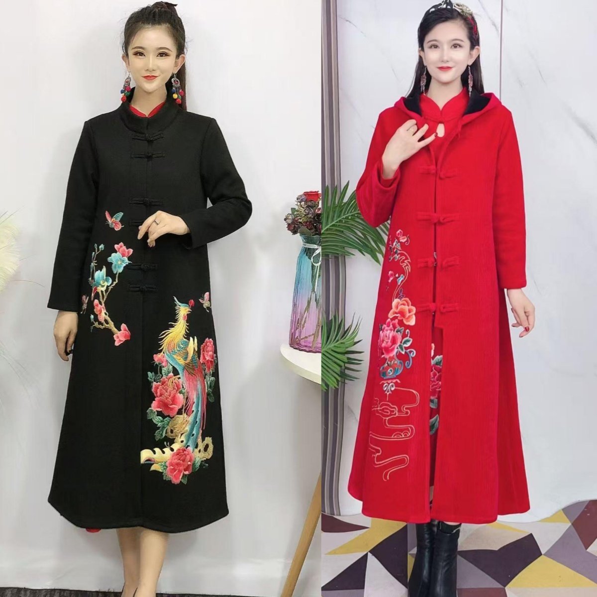 冬季民族风刺绣花风衣女冬季中长款立领盘扣加绒外套妈妈装气质