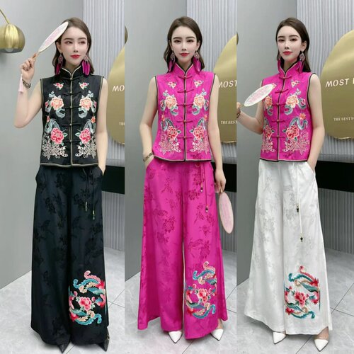 2026新款夏季中国风重工刺绣无袖立领马甲阔腿裤女民族风套装