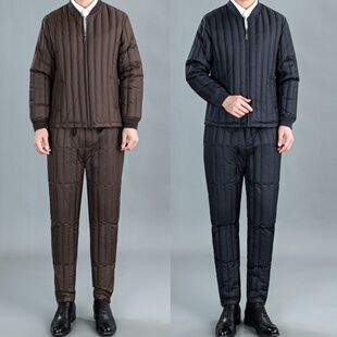 男羽绒服内胆中老年爸爸装轻薄白鸭绒棉服保暖棉衣棉裤加大码套装