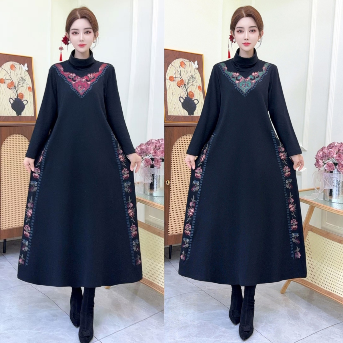 2025冬季新款民族风半高领刺绣上衣女长袖显瘦长款加绒连衣裙中式