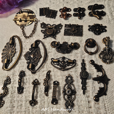 junkjournal拉手暗扣组合款复古迷你抽屉小拉手装饰手工diy木盒扣