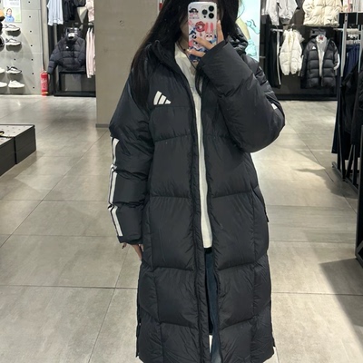 阿迪达斯男女冬季600蓬外套三条杠长款连帽鸭绒保暖羽绒服JG3840