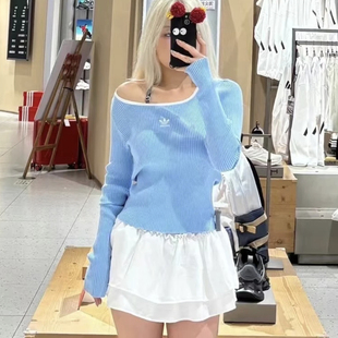 T恤上衣打底衫 方领针织长袖 JM8054 女修身 阿迪达斯三叶草宋茜同款