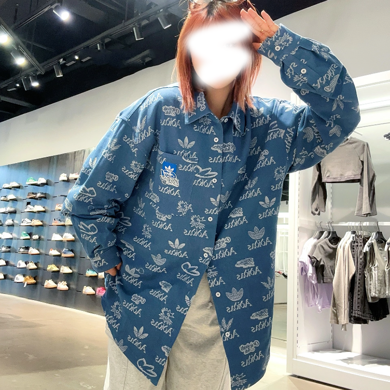 Adidas三叶草男女满印logo翻领宽松运动长袖衬衫外套JN1662,运动服/休闲服装,运动茄克/外套,淘宝优惠券,粉丝福利购,淘宝优惠卷