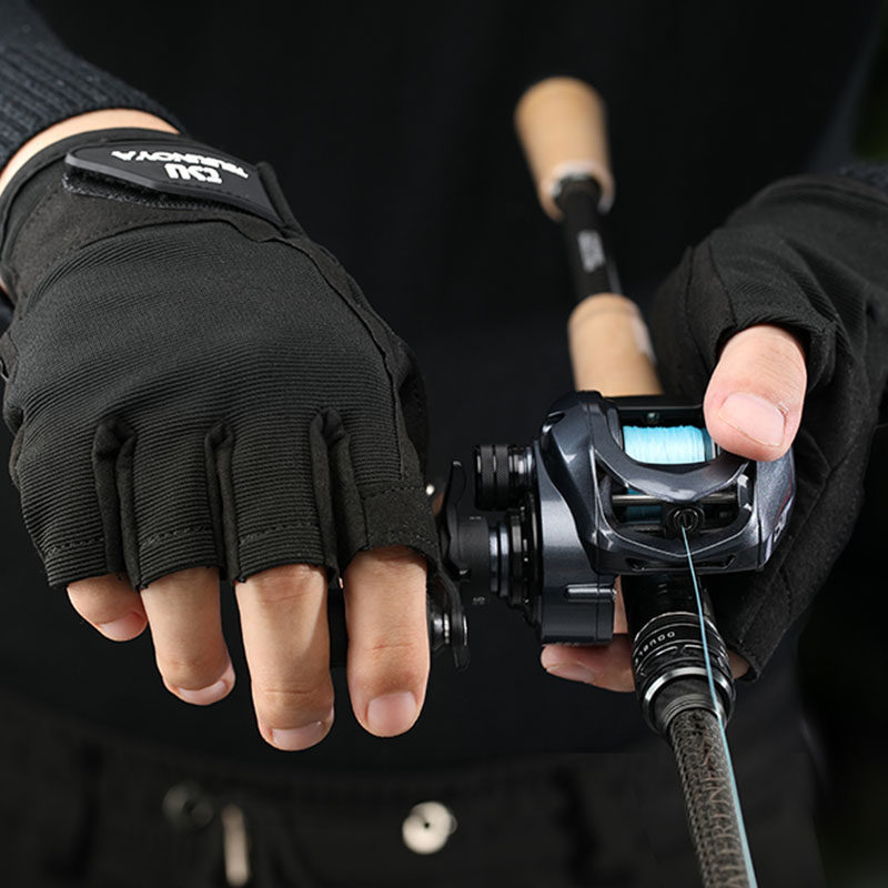 钓之屋 新款露五指耐磨防滑黑色户外手套L/XL钓鱼手套路亚手套