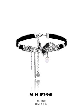 黑色蝴蝶项圈女批发百搭小众高级感轻奢项链嘻哈辣妹个性珍珠