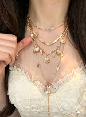 轻奢高级感金色贝壳多层流苏项链