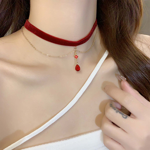 酒红丝绒流苏爱心颈链choker简约锁骨链颈带黑色珍珠项链项圈女