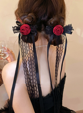 暗黑哥特风红色玫瑰花发夹长款蕾丝飘带流苏头饰洛丽塔蝴蝶结发夹