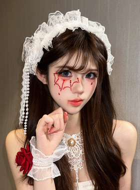万圣节白色蕾丝玫瑰流苏发带女