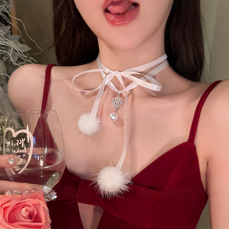 圣诞节雪花珍珠毛球丝带项链choker秋冬长款流苏毛衣链绑带颈链女