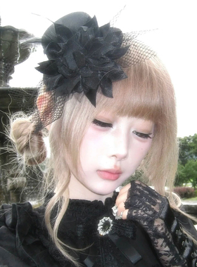 暗黑哥特风lolita黑色花朵小礼帽头饰法式气质羽毛蕾丝帽子发夹女