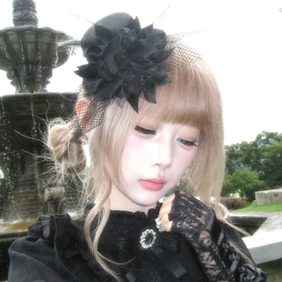 暗黑哥特风lolita黑色花朵小礼帽头饰法式气质羽毛蕾丝帽子发夹女