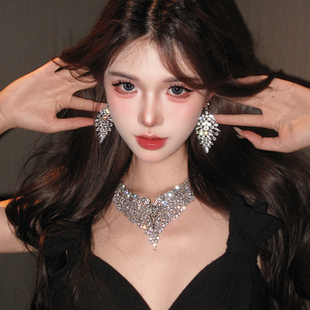 高级感超闪气质满钻流苏项链耳环轻奢晚宴礼服夸张锁骨链颈链耳环