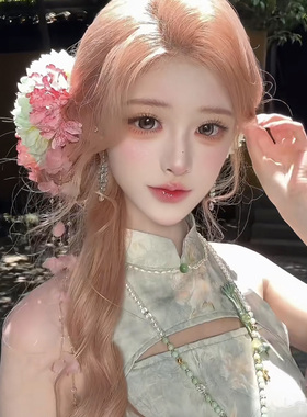 超仙气质粉绿色花朵流苏发夹女