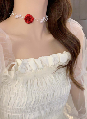 法式红玫瑰花朵锁骨链