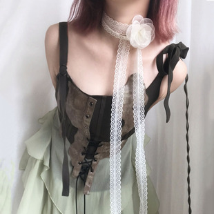 纯欲风白蕾丝山茶花锁骨链超仙森系网纱花朵项链choker丝带手腕花