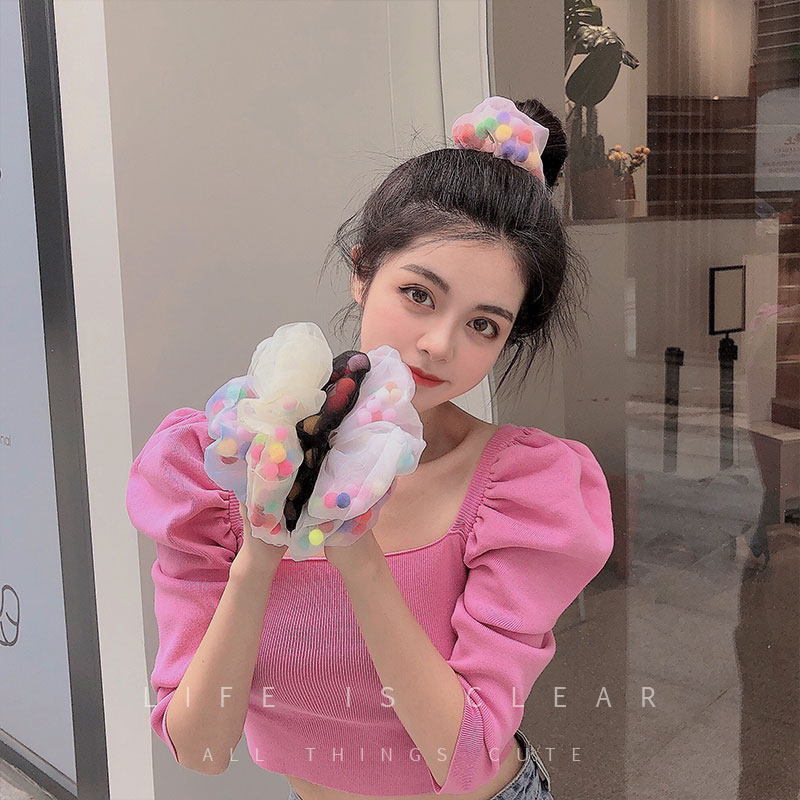 超仙法式网纱大肠圈彩色球球网红少女绑发发圈丸子头发绳头饰韩国