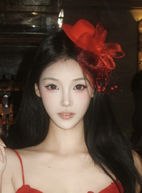 明艳女郎红色网纱串珠小礼帽女复古晚宴礼服头饰生日派对拍照发夹