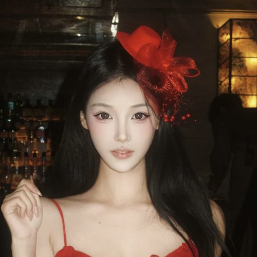 明艳女郎红色网纱串珠小礼帽女