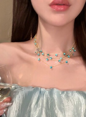 超闪多层蓝色锆石项链女