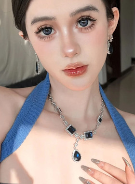 高级感气质蓝色水滴锆石锁骨链女