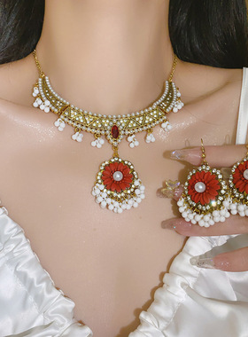 欧美夸张满钻珍珠项链耳环