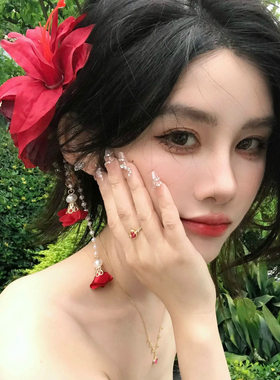 新中式红色牡丹花珍珠流苏发夹复古高级感气质盘发侧边夹古风头饰