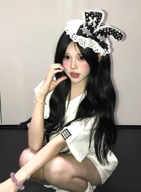 日系甜美蕾丝兔耳朵帽子发夹高级感蝴蝶结黑白波点lolita发卡头饰