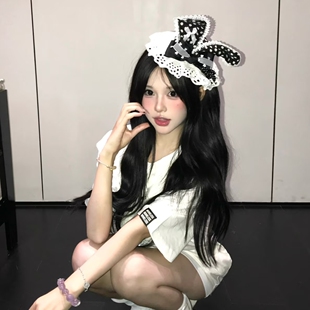 日系甜美蕾丝兔耳朵帽子发夹高级感蝴蝶结黑白波点lolita发卡头饰
