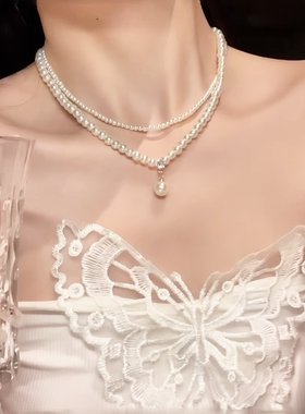 法式复古珍珠水钻双层项链女