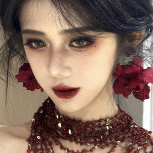 多层串珠项链复古夸张酒红色玫瑰耳环女小众礼服拍照气质花朵耳饰