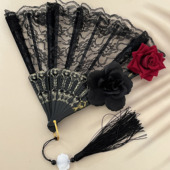 暗黑lolita蕾丝扇子华丽复古玫瑰折扇茶会漫展cos新中式 旗袍配饰