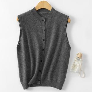 简约100%纯羊毛无袖针织马甲女背心外穿圆领毛衣开衫秋冬叠穿坎肩