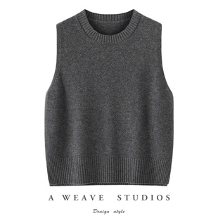 高级灰加厚100%纯羊毛针织马甲女25秋冬圆领宽松无袖 叠穿毛衣背心