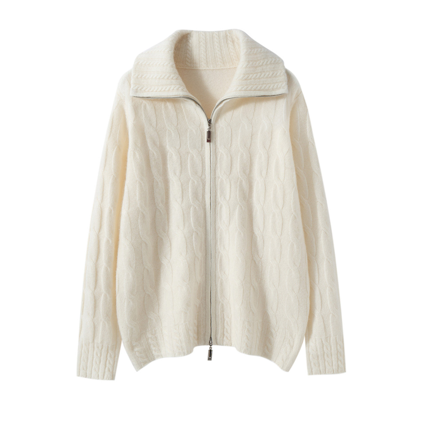 羊绒针织开衫女翻领拉链纯色