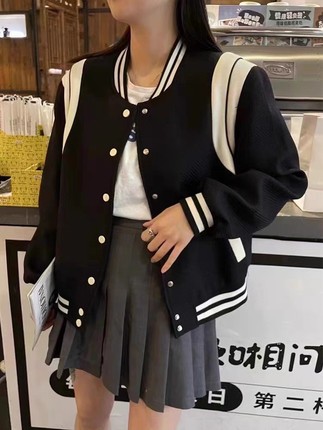 强推拼接美式棒球服黑白撞色外套女宽松上衣夹克休闲春季新