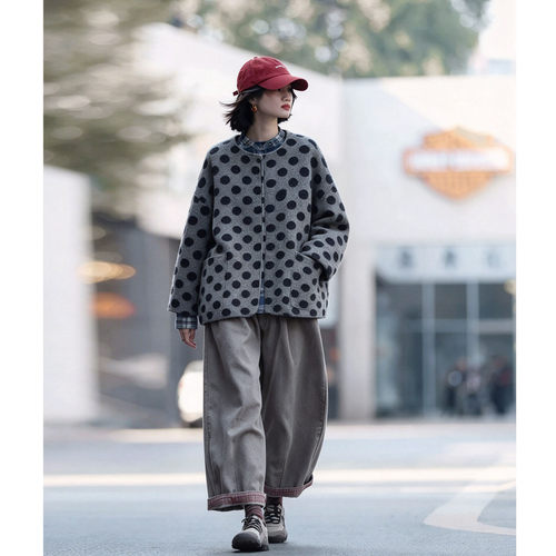 棉服/棉羊毛混纺灰蓝波点