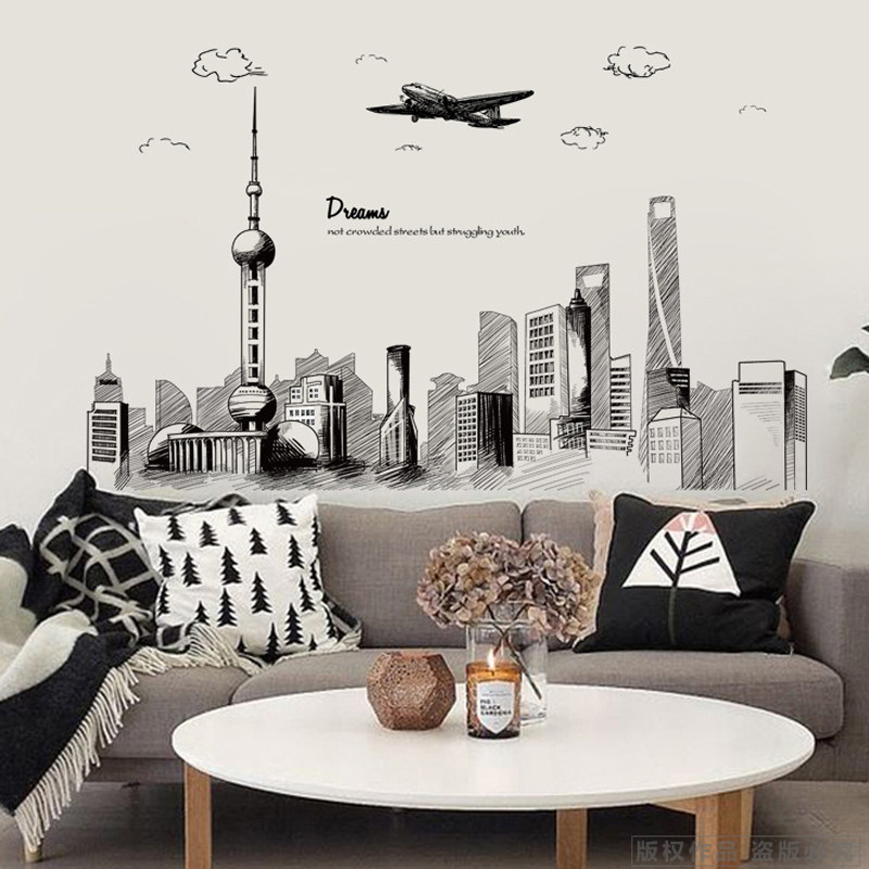 城市高楼大厦手绘手稿图墙贴画欧式风格客厅房间墙面装饰墙纸自粘