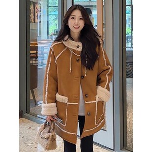 冬季保暖新款加绒厚鹿皮绒外套女高级感宽松皮毛一体中长款大衣