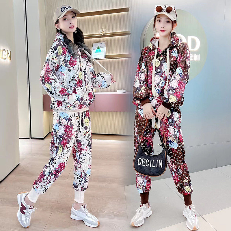 秋冬加绒连帽卫衣印花两件套装女时尚宽松学院风气质跑步服潮