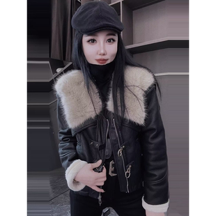 2025冬新款韩版加绒厚皮衣短外套女大毛领保暖时尚PU皮毛一体夹克